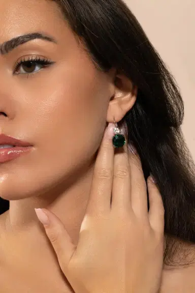 FANTASIA by DESERIO Emerald Cushion Round Earrings | Thumbnail 3