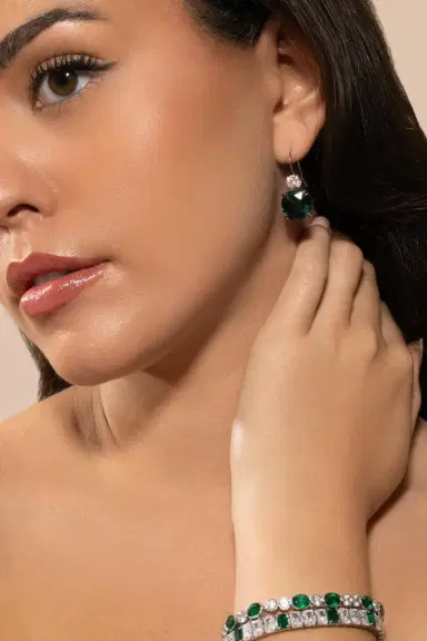 FANTASIA by DESERIO Emerald Cushion Round Earrings | Thumbnail 4