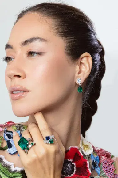 FANTASIA by DESERIO Emerald Double Pear Drop Earrings | Thumbnail 3 FANTASIA by DESERIO Emerald Double Pear Drop Earrings | Thumbnail 3