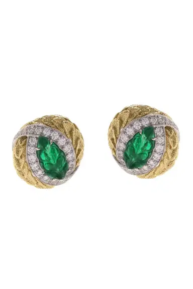 DAVID WEBB Emerald Laurel Carved Leaf Earrings | Thumbnail 1
