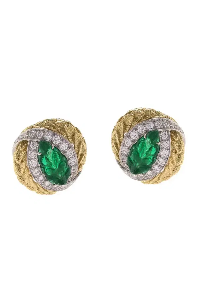 DAVID WEBB Emerald Laurel Carved Leaf Earrings
