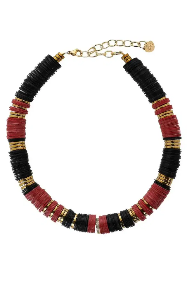 Jaipur Black Red Rondelle African Beaded Necklace