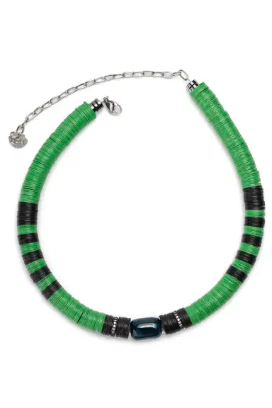 HIJAS DE PUKA Jaipur Green Black Stone African Beaded Necklace | Thumbnail 1
