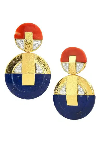 DAVID WEBB Lapis Coral Diamond Hammered Discus Earrings | Thumbnail 1