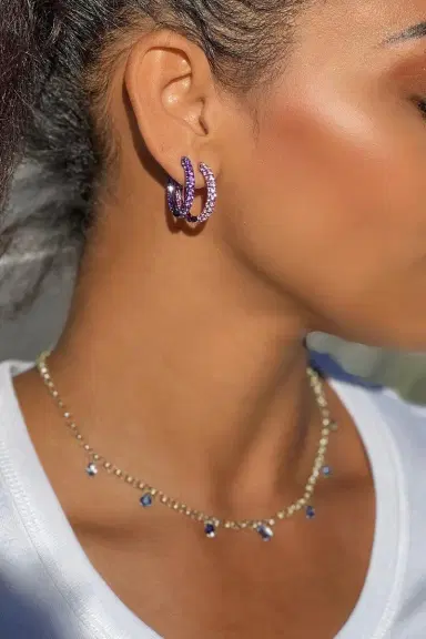 GRAZIELA Large Sapphire Pink Rhodium 3 Sided Hoop Earrings | Thumbnail 2