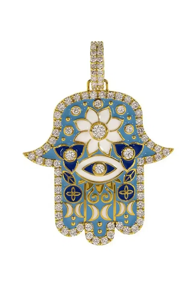 BUDDHA MAMA Large Sky Blue Enamel Hamsa Pendant