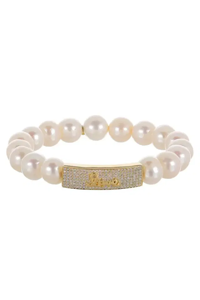 Sydney Evan Love Script Pearl Charm Bracelet