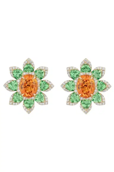 GOSHWARA Mandarin Garnet Tsavorite Flower Stud Earrings | Thumbnail 1