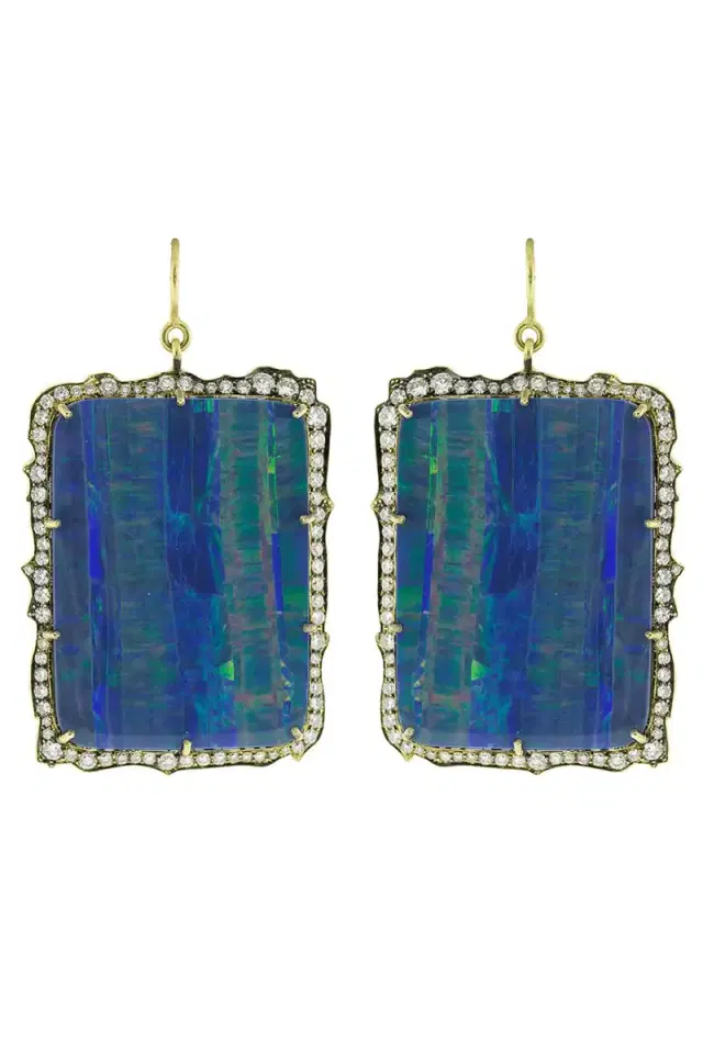 Sylva & Cie Opal and Round Brilliant Cut Diamond Drop Earrings