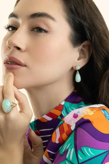 GOSHWARA Opal Cabochon Diamond Drop Earrings | Thumbnail 3