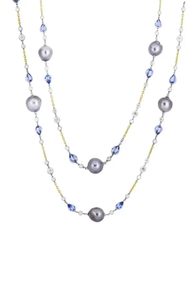 Pearl Sapphire Opera Chain Necklace