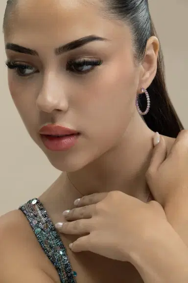 LISA NIK Pink Sapphire Graduated Hoop Earrings | Thumbnail 3