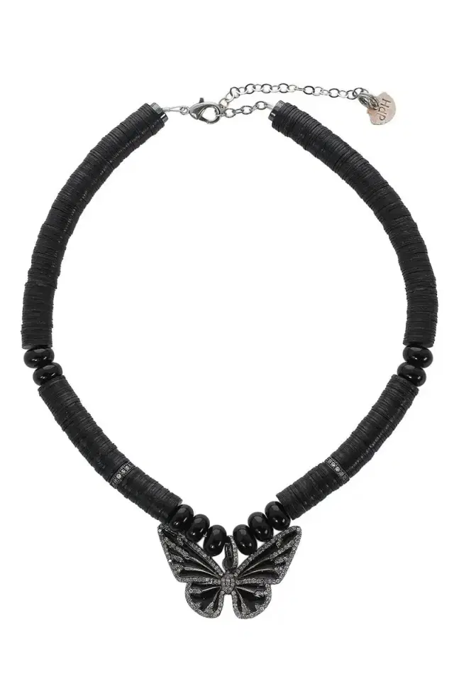 PM Enamel Black Beaded Butterfly Necklace