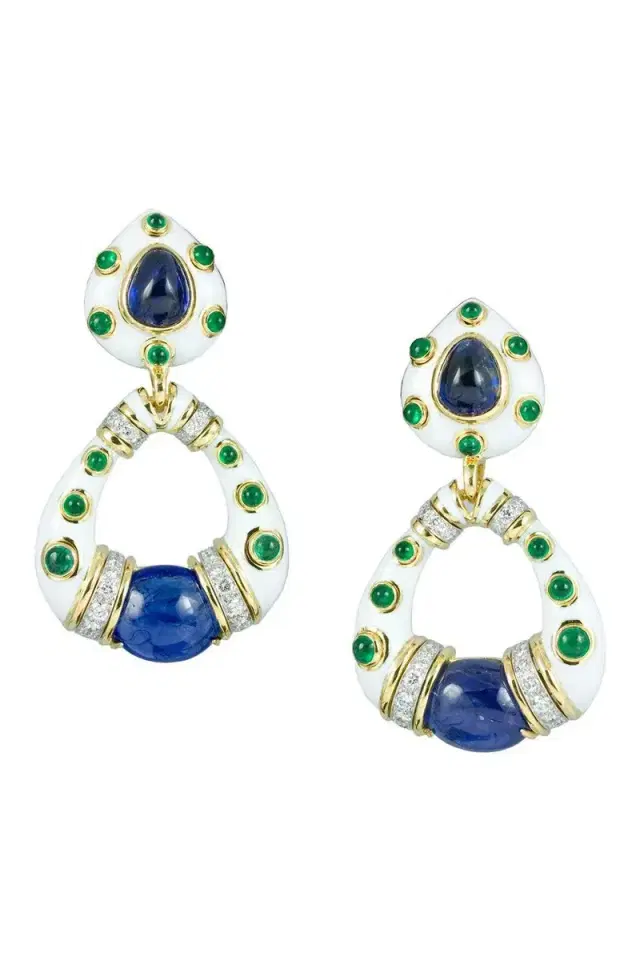 DAVID WEBB Sapphire Emerald White Stud Hoop Earrings