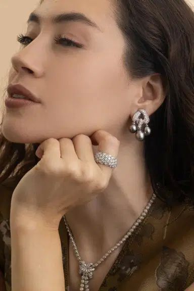 ANDREOLI Three Pearl Diamond Earrings | Thumbnail 3
