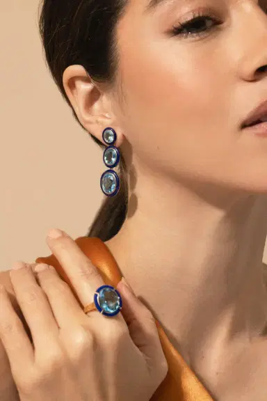 GOSHWARA Three Tier Blue Topaz Lapis Lazuli Earrings | Thumbnail 3