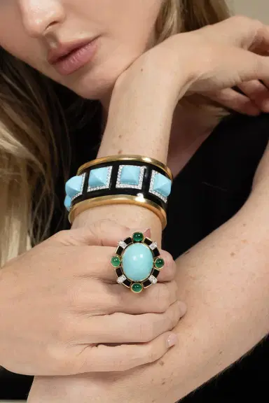 DAVID WEBB Turquoise Diamond Five Stone Bastille Cuff Bracelet | Thumbnail 4