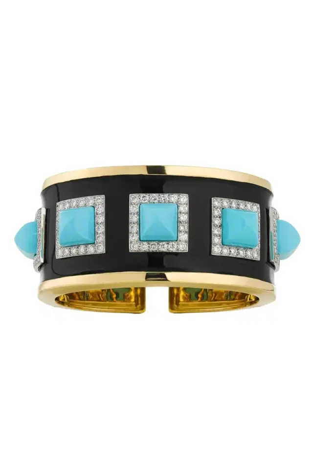 DAVID WEBB Turquoise Diamond Five Stone Bastille Cuff Bracelet
