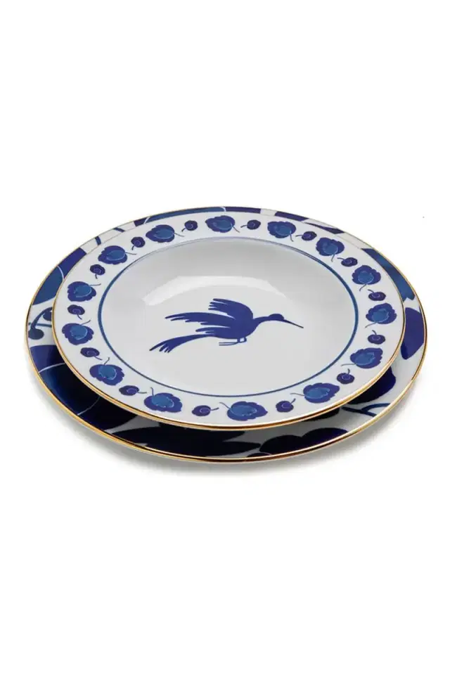 La DoubleJ Wildbird Blue Set of 2 Soup & Dinner Plates