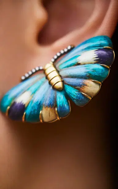 Silvia Furmanovich 18K Yellow Gold Blue Butterfly Marquetry Earrings With Diamond Small | Thumbnail 2