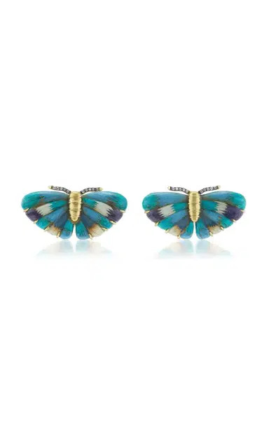 Silvia Furmanovich 18K Yellow Gold Blue Butterfly Marquetry Earrings With Diamond Small | Thumbnail 1