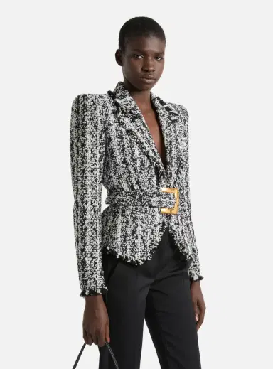 Balmain Two-tone tweed belted jacket | Thumbnail 5