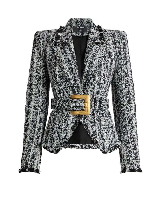 Two-tone tweed belted jacket