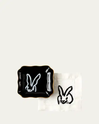 Hunt Slonem Painted Bunny Embroidered Linen Cocktail Napkins, Set of 6 | Thumbnail 2