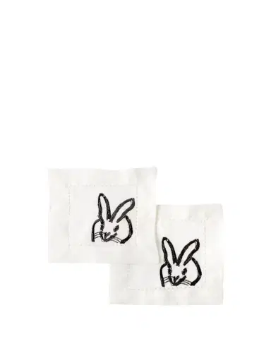 Hunt Slonem Painted Bunny Embroidered Linen Cocktail Napkins, Set of 6 | Thumbnail 1