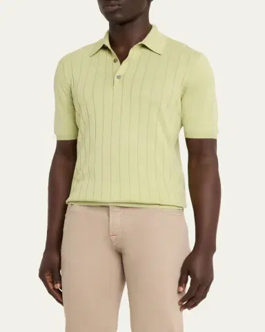 Kiton Men's Wide Rib Sea Island Cotton Polo Sweater | Thumbnail 4