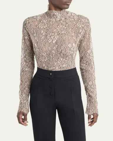 Valentino Garavani Mock-Neck Lace Jersey Long-Sleeve Bodysuit | Thumbnail 4 Valentino Garavani Mock-Neck Lace Jersey Long-Sleeve Bodysuit | Thumbnail 4
