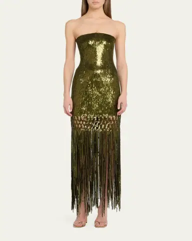 Oscar de la Renta Strapless Sequined Fringe Maxi Dress | Thumbnail 2