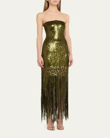 Oscar de la Renta Strapless Sequined Fringe Maxi Dress | Thumbnail 4