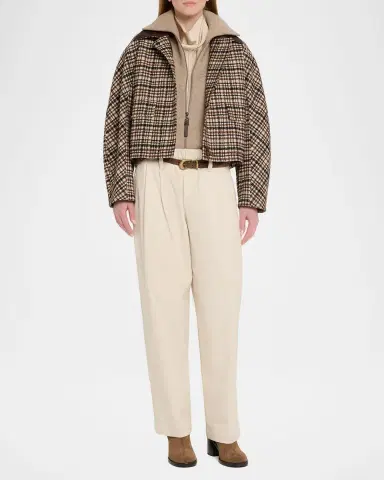 Brunello Cucinelli Leather-Collar Check Boxy Car Coat | Thumbnail 2 Brunello Cucinelli Leather-Collar Check Boxy Car Coat | Thumbnail 2
