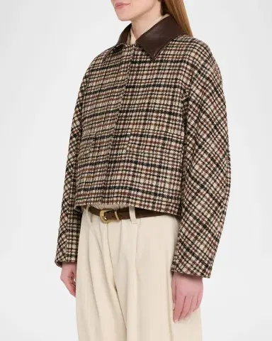 Brunello Cucinelli Leather-Collar Check Boxy Car Coat | Thumbnail 4 Brunello Cucinelli Leather-Collar Check Boxy Car Coat | Thumbnail 4