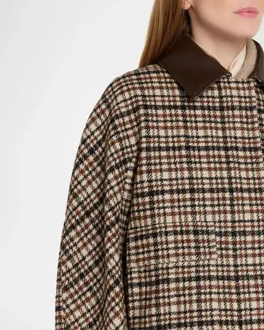 Brunello Cucinelli Leather-Collar Check Boxy Car Coat | Thumbnail 5 Brunello Cucinelli Leather-Collar Check Boxy Car Coat | Thumbnail 5