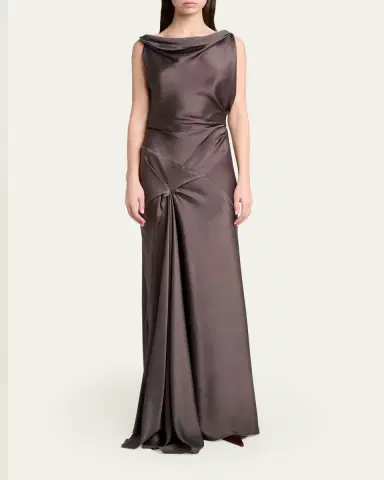 Victoria Beckham Asymmetric Draped Sleeveless Satin Midi Dress | Thumbnail 2