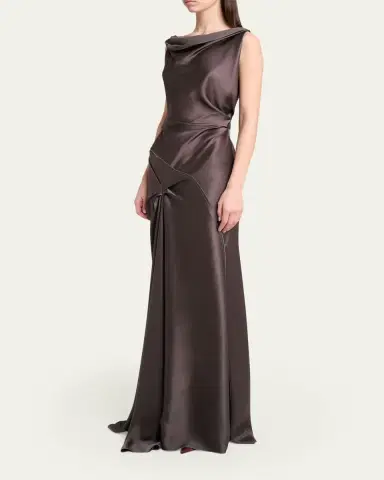 Victoria Beckham Asymmetric Draped Sleeveless Satin Midi Dress | Thumbnail 4