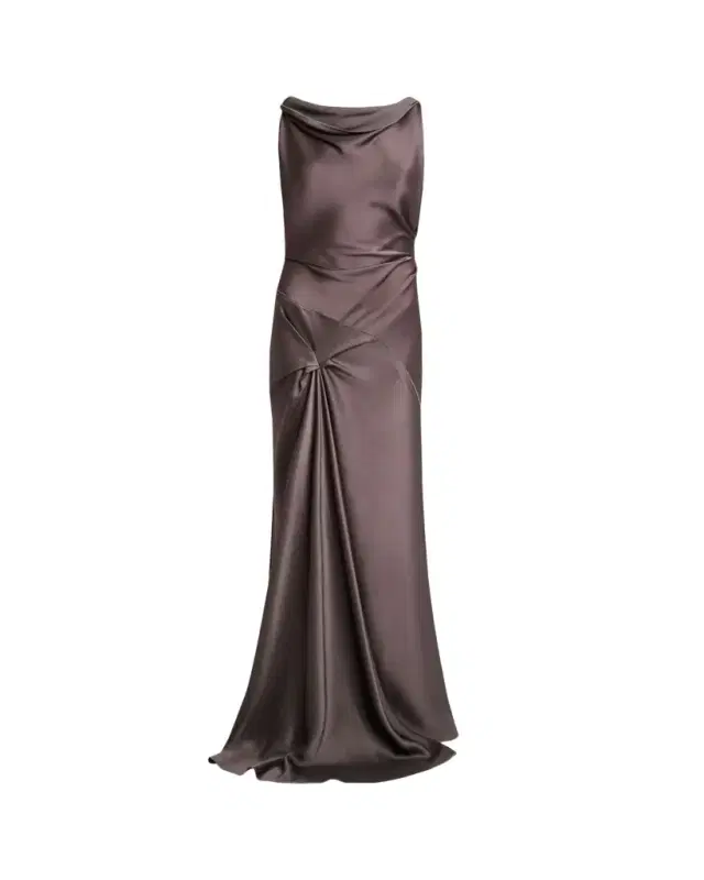 Victoria Beckham Asymmetric Draped Sleeveless Satin Midi Dress