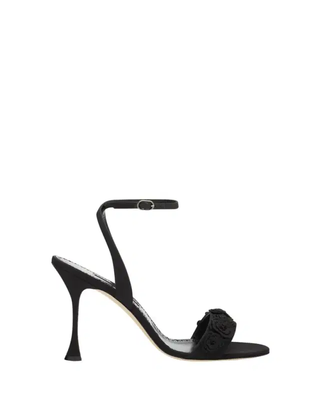 Manolo Blahnik 105mm Raosnu Crochet Flower Ankle-Strap Sandals