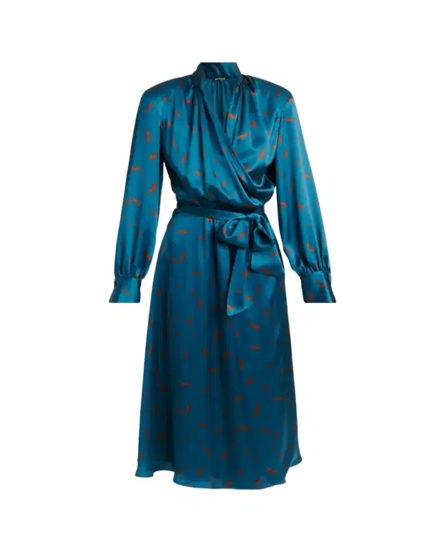 Kiton Strong-Shoulder Long-Sleeve Satin Midi Wrap Dress