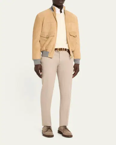 Brunello Cucinelli Men's Suede Knit-Trim Bomber Jacket | Thumbnail 2