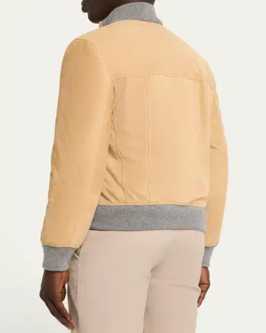 Brunello Cucinelli Men's Suede Knit-Trim Bomber Jacket | Thumbnail 3