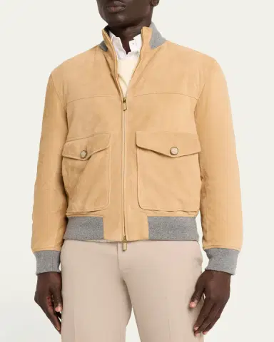 Brunello Cucinelli Men's Suede Knit-Trim Bomber Jacket | Thumbnail 4