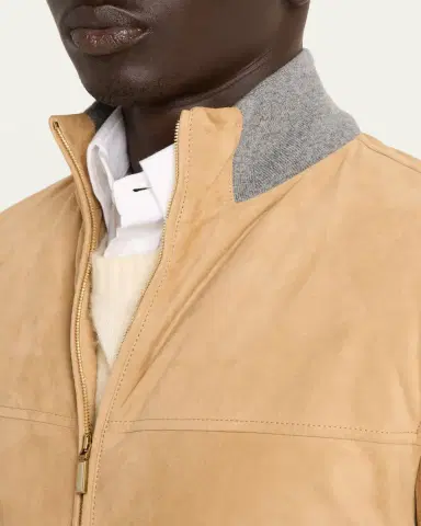 Brunello Cucinelli Men's Suede Knit-Trim Bomber Jacket | Thumbnail 5
