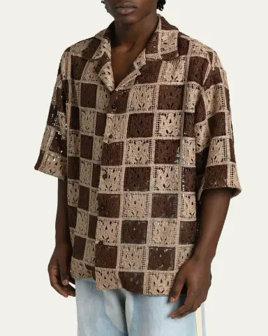 AMIRI Men's Crochet MA-Knit Checkerboard Short-Sleeve Shirt | Thumbnail 4