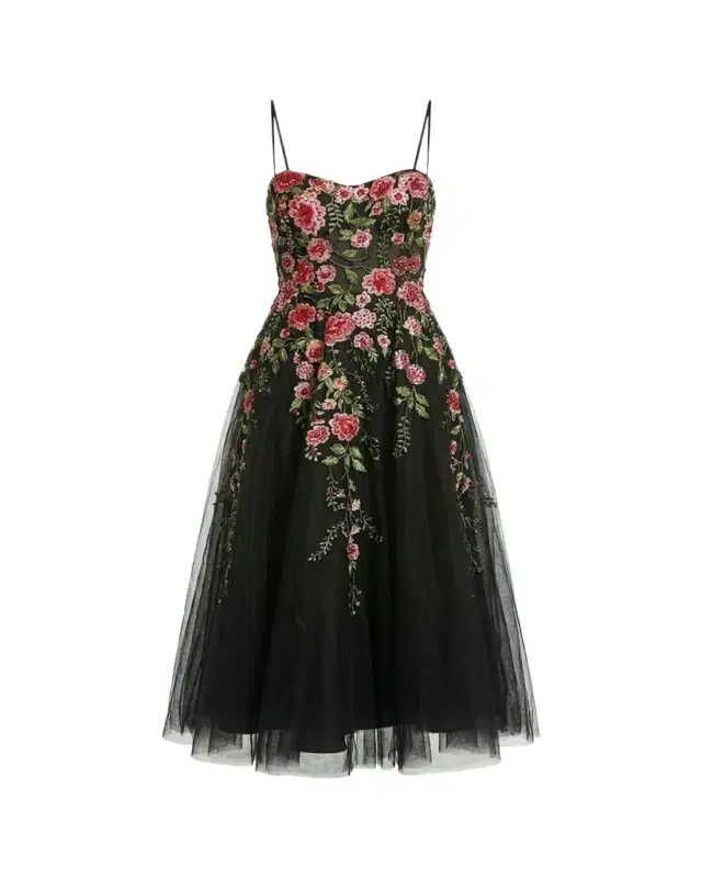 Floral-Embroidered Tulle Midi Dress