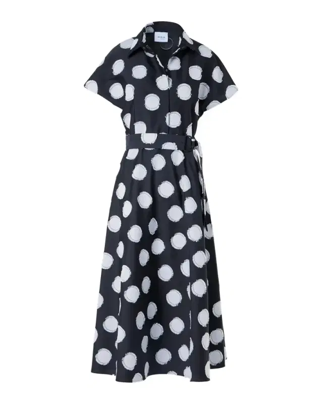 Fringed Polka Dot Jacquard Belted Midi Shirtdress