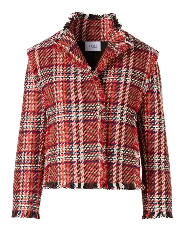 Multi-Color Check Fringed Tweed Single-Breasted Jacket