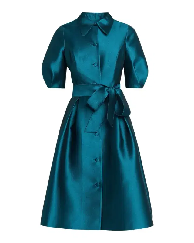 Rickie Freeman for Teri Jon Puff-Sleeve Pique Faille Shirtdress